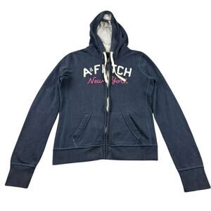 Abercrombie And Fitch Hoodie Women L Navy Zip Up Pink New York‎ Logo Embroidery